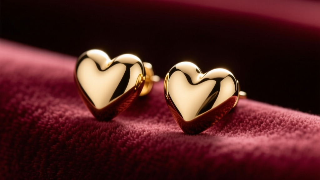 Polished 14k gold puffed heart stud earrings on velvet, showing the 3D inflated texture and a bright mirror-like metal finish.