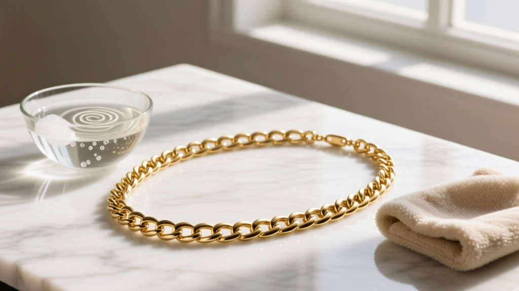 A 14k gold 16 necklace chain resting on white marble next to a glass bowl of soapy water and a soft microfiber cleaning cloth.