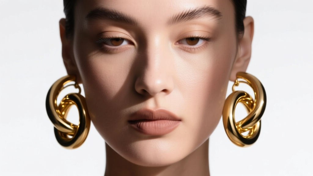 Close-up of a model wearing thick, oversized 14k gold knot earrings, studio lighting highlighting the polished metal curves