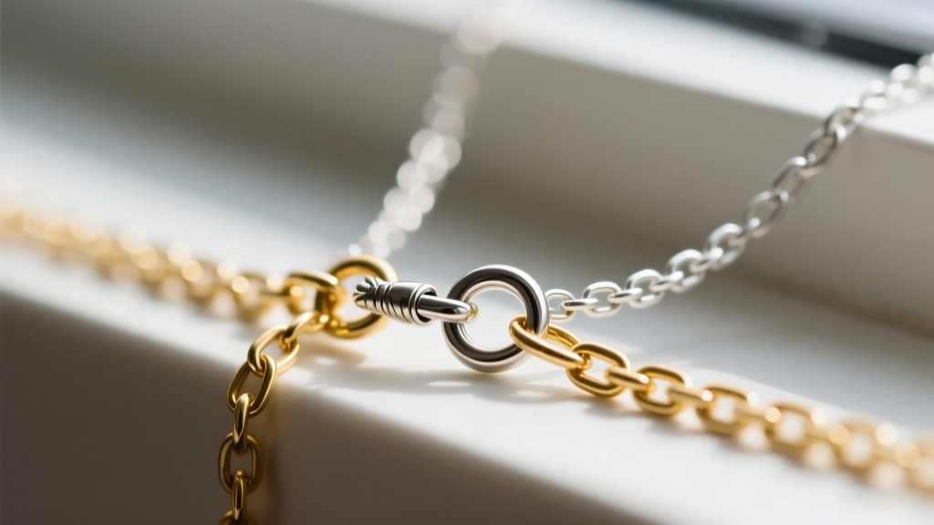 Macro shot of a 14k gold extender chain being attached to a small lobster clasp on a silver necklace, showing detailed jump rings
