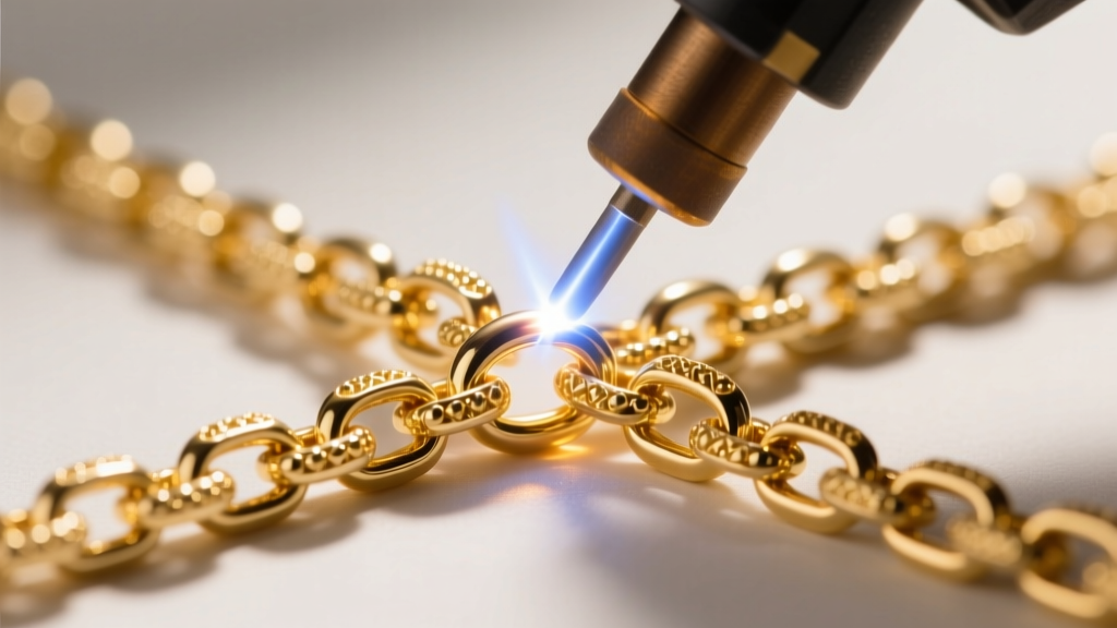 Close-up of a pulse arc welder joining a delicate 18k gold permanent jewelry chain on a client's wrist in a brightly lit studio