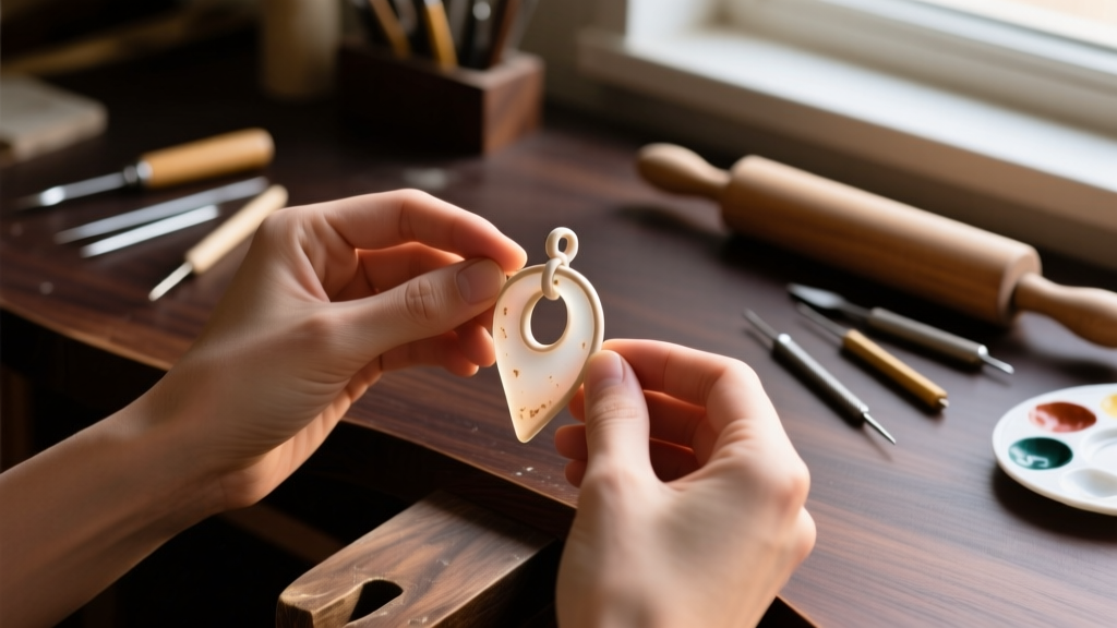 Hands gently bending a thin, underbaked polymer clay pendant to show flexibility, set against a dark wooden jeweler's workbench.