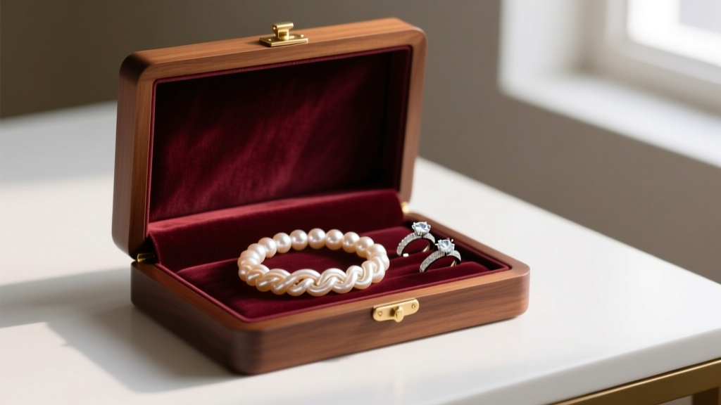 Open velvet-lined wooden box showing a knotted pearl bracelet separated from diamond rings, bathed in warm ambient room lighting