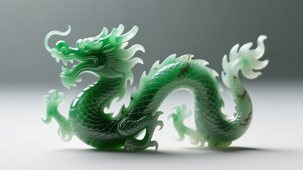 Macro photo of carved antique jadeite dragon motif showing natural fibrous crystal structure and historical tool marks.