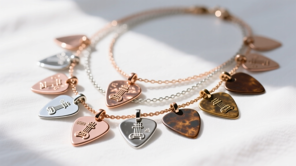 Layered guitar plectrum necklaces on white linen, showing rose gold, silver, and oxidized bronze pendants in bright daylight.