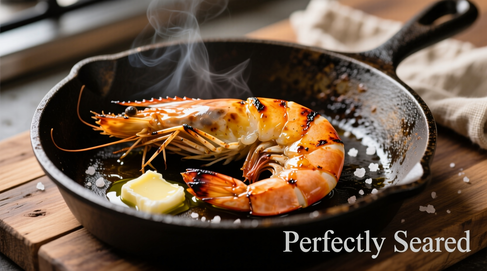 Perfectly seared shrimp in cast iron skillet