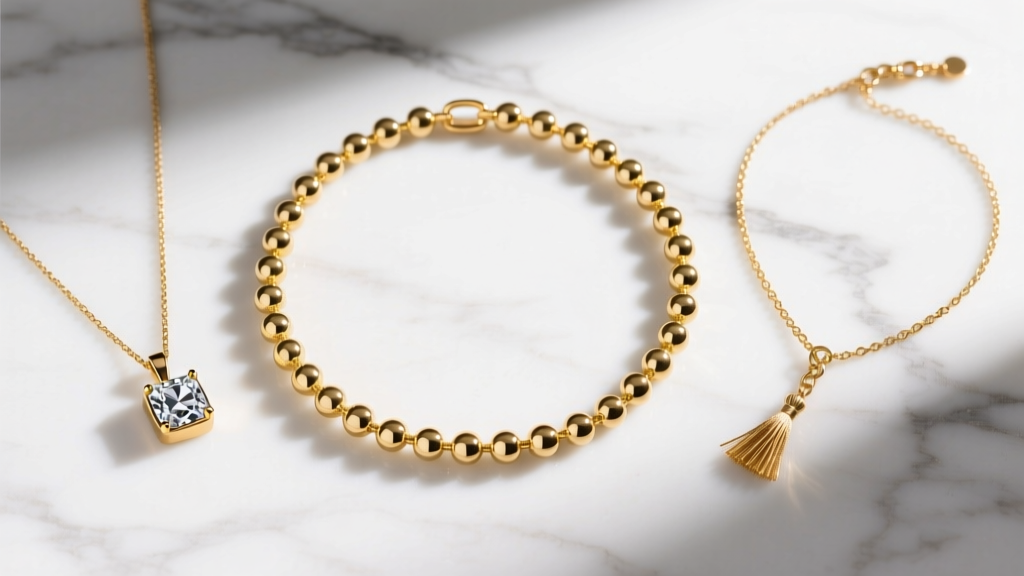 Flat lay of three gold vermeil necklaces on white marble: a 15-inch ball chain, an 18-inch CZ pendant, and a 22-inch lariat.