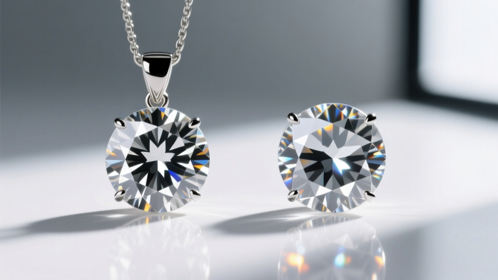 Side-by-side macro comparison of a natural diamond pendant and a lab-grown CVD diamond pendant showing identical light refraction