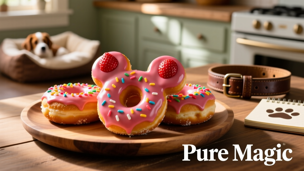 Homemade Mickey-shaped dog donuts arranged on a festive platter with strawberry glaze and treat sprinkles