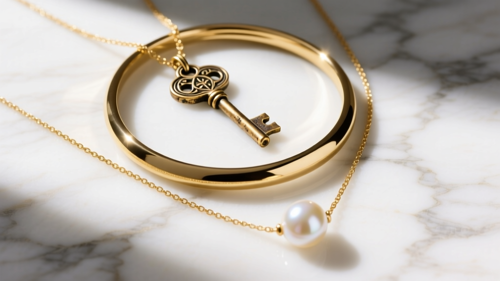 Flat lay of three layered gold necklaces featuring a vintage key, a plain hoop, and a pearl pendant on a textured marble surface.