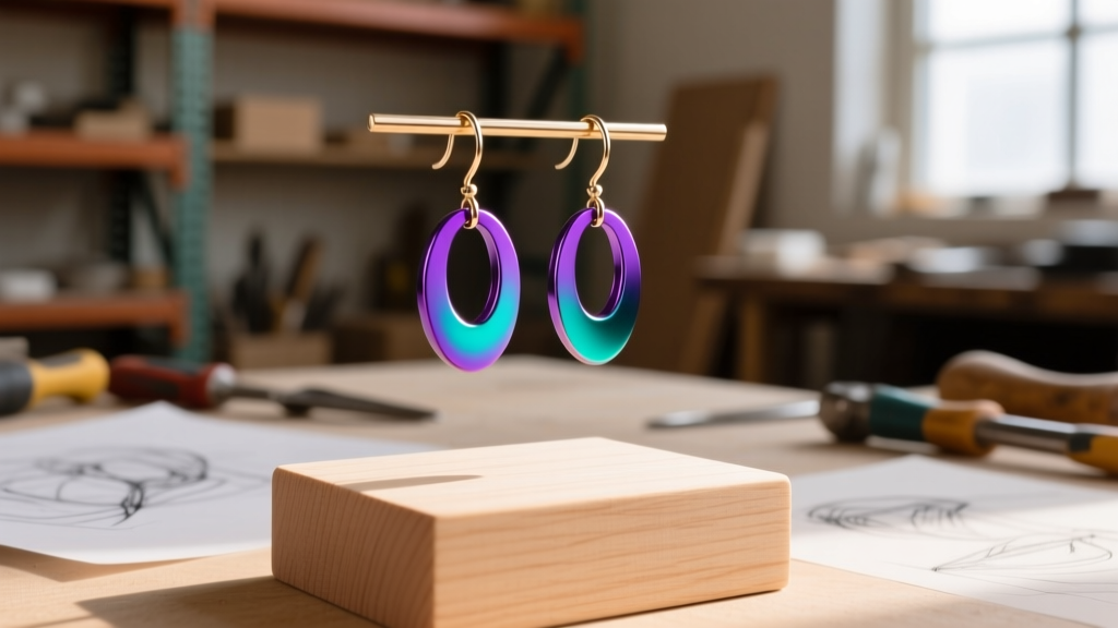Anodized niobium ear wires in vibrant purple and teal hanging from a wooden jewelry display block against a blurred workshop background
