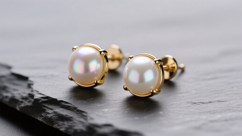 Macro shot of 7mm Akoya white pearl gold earrings on slate, displaying bright luster and rose overtones under soft studio lights.