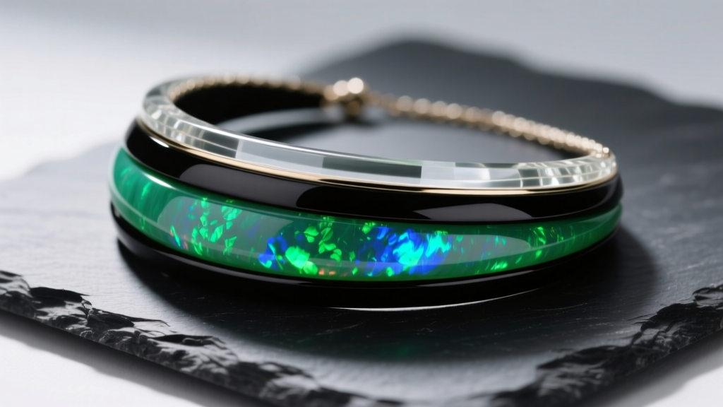 Green opal doublet necklace on dark slate, showing the distinct black backing layer and clear quartz cap in a side profile view.