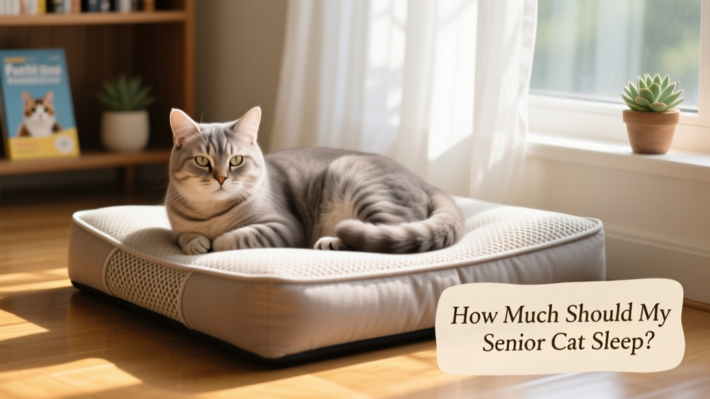 Senior cat curled comfortably on a soft orthopedic bed near a sunlit window
