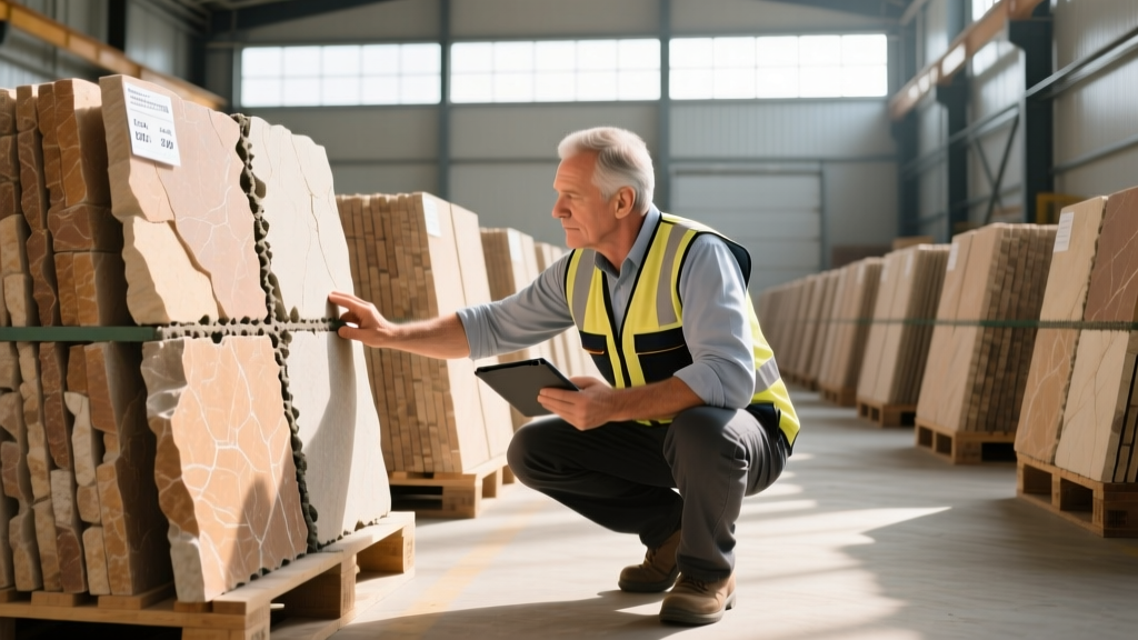 Contractor inspecting pallets of discounted stacked stone veneer in a warehouse, checking batch numbers and mortar edges for quality control