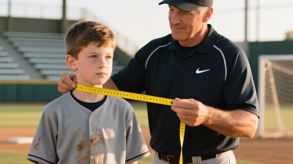 A coach using a soft yellow measuring tape to measure the neck of a ten-year-old baseball player wearing a grey practice jersey