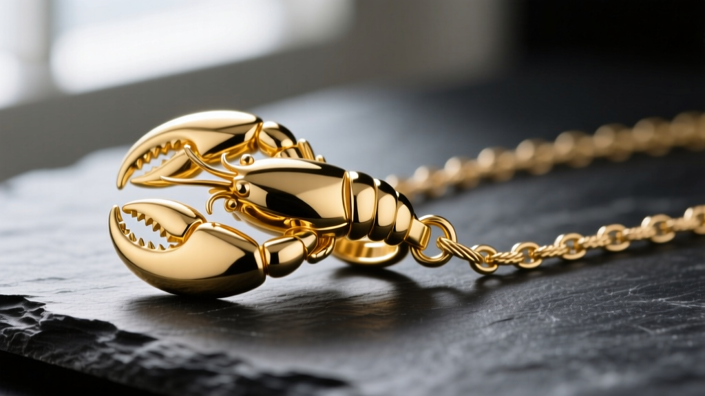 Macro photography of a polished 18-karat yellow gold lobster claw clasp attached to a delicate cable chain resting on dark slate.