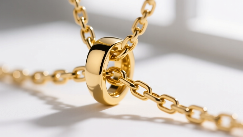 Close-up macro shot of a polished 14k yellow gold standard necklace bail threading onto a delicate 1.5mm box chain, studio lighting