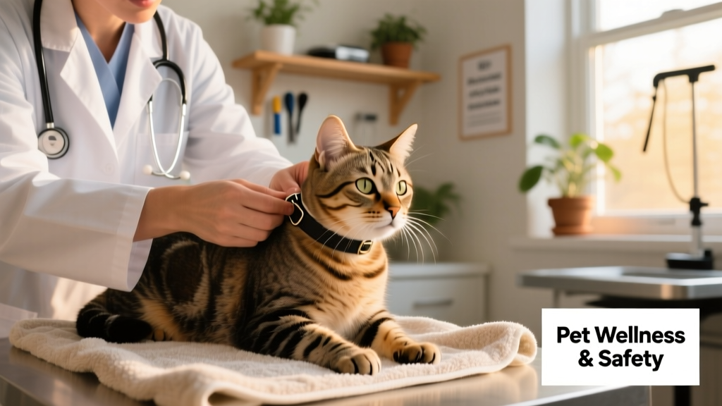 Veterinarian gently demonstrating how to check collar fit on a relaxed tabby cat