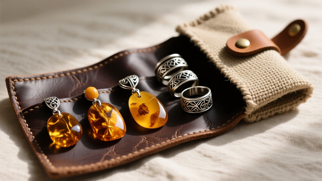 Inside a canvas and leather boho jewelry roll, showing deep pockets holding chunky amber pendants and stacked silver midi rings.