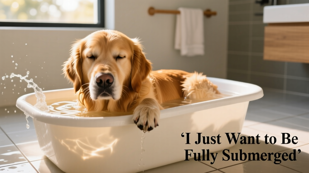 Close-up of a calm Golden Retriever resting in a shallow plastic tub filled with warm water