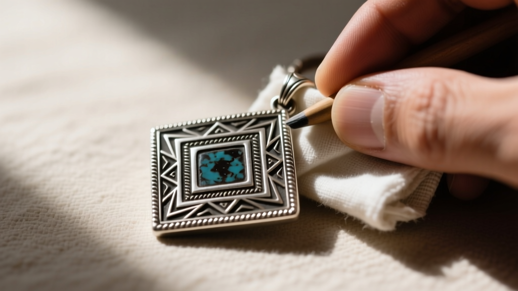 Hands polishing the raised silver edges of a Tuareg pendant with a cloth while preserving the dark patina in the engraved grooves.