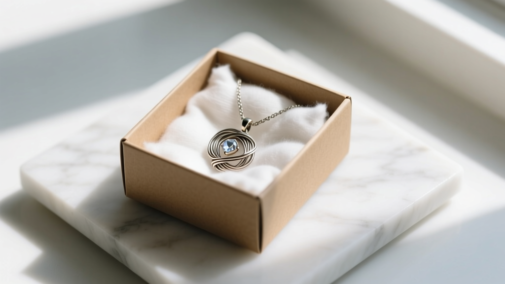 Kraft box holding a wire-wrapped pendant on a cotton insert, photographed on a white marble slab with soft natural window light.