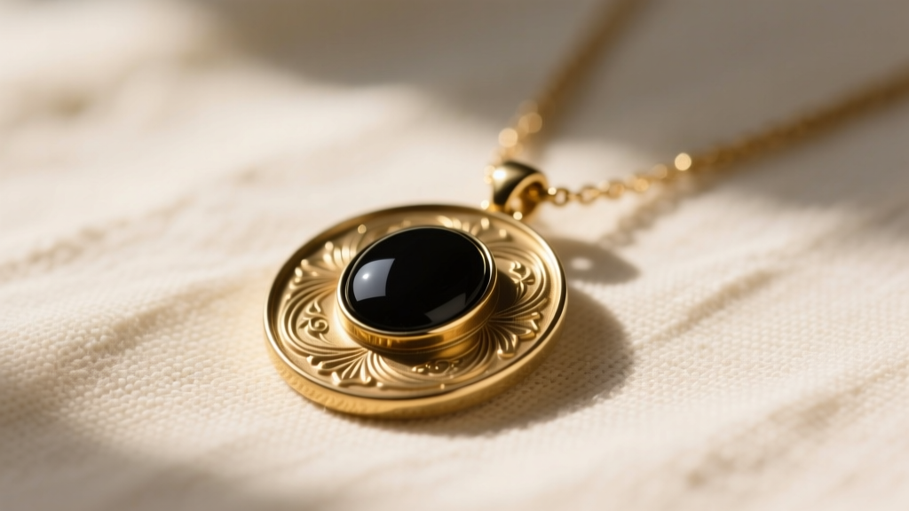 Brass medallion necklace with dark resin cabochon, laid flat on textured cream linen fabric in warm, diffused afternoon sunlight.