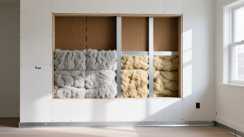 Cross-section of a framed wall showing dense acoustical gypsum board, mineral wool insulation, and acoustic sealant at the floor track