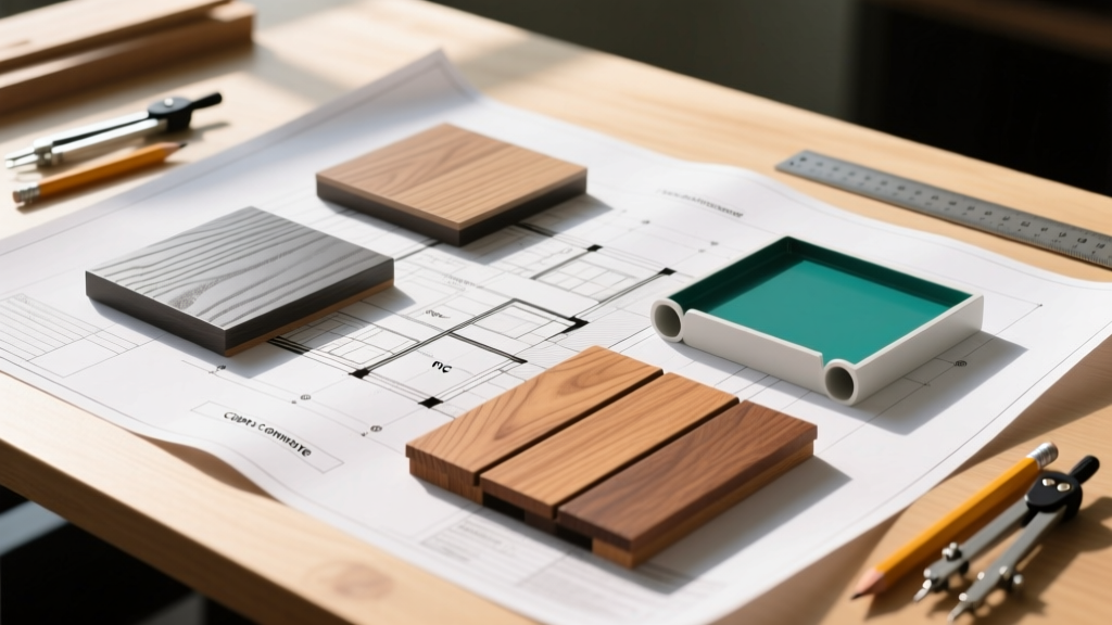 Architectural blueprint overlaid with physical samples of capped composite, PVC, and hardwood decking on a sunlit drafting table