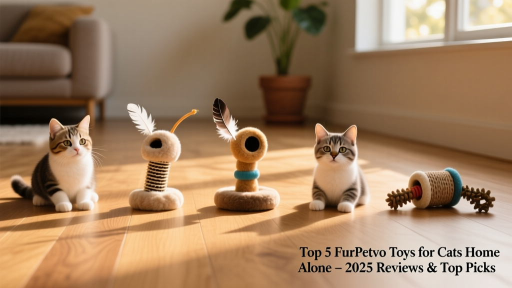 Side-by-side comparison of five top FurPetVo toys arranged on a clean wooden floor
