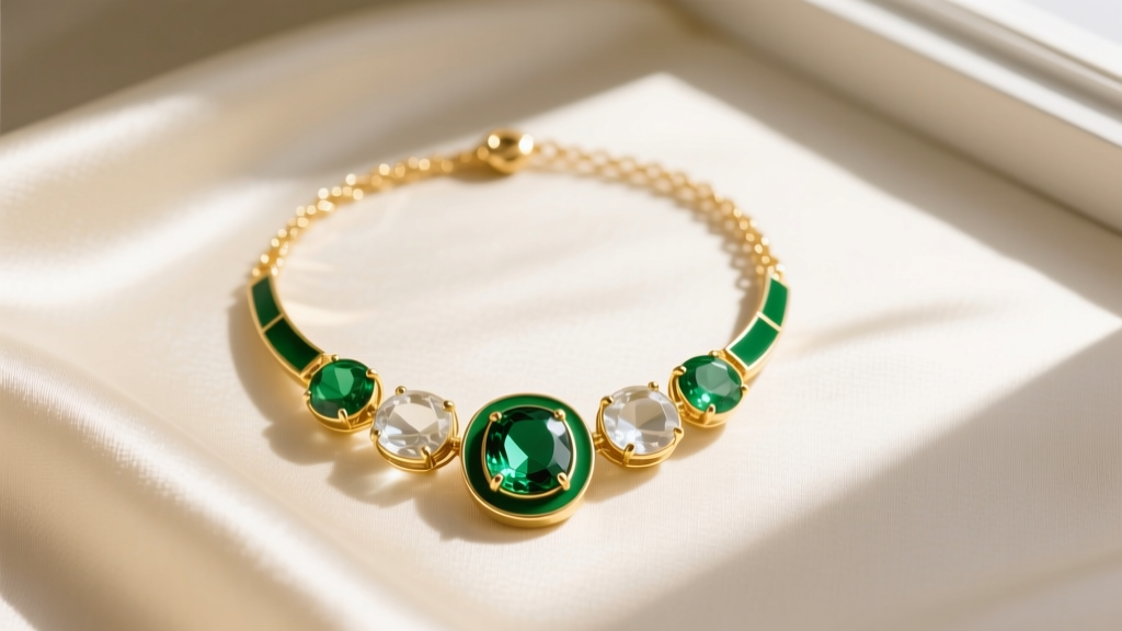 Flat lay of a gold-plated Stella and Dot green enamel and glass stone pendant necklace resting on a cream silk fabric background