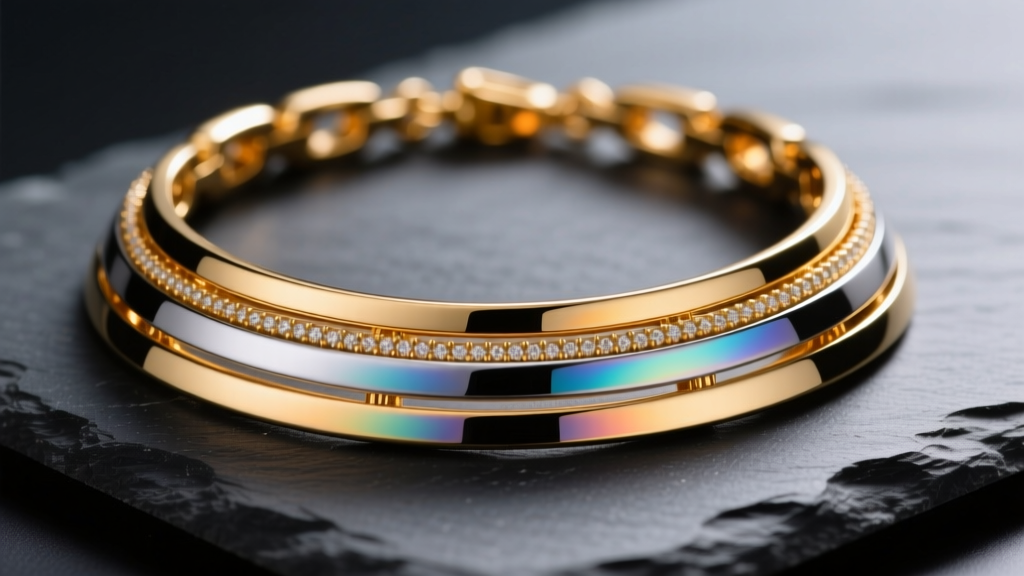 Close-up of a layered 14k solid gold and PVD-coated stainless steel necklace set resting on a dark slate surface, soft studio lighting.