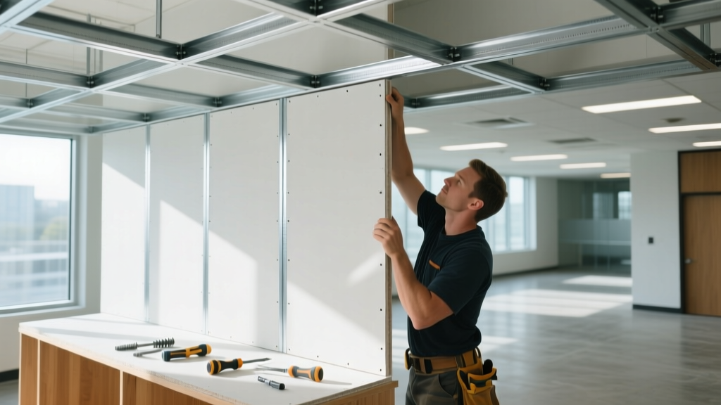 Contractor securing lightweight gypsum board panels to a metal furring channel ceiling grid in a bright commercial space