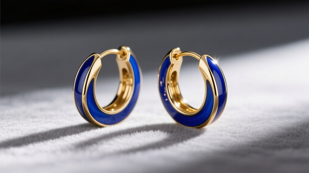 Macro shot of gold hoop earrings with vibrant cobalt blue vitreous enamel resting on soft gray velvet in natural light