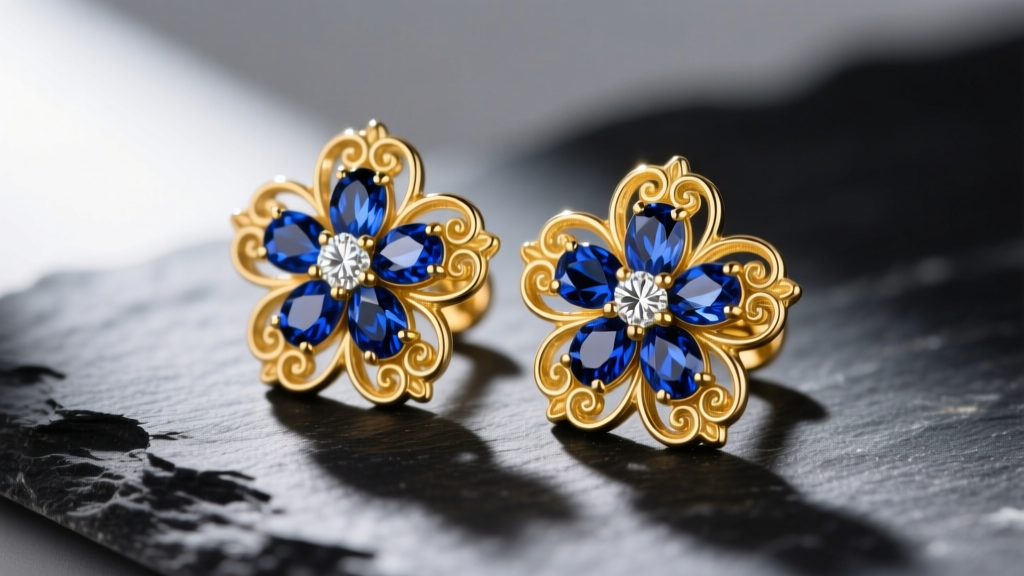 Close-up of 18k yellow gold floral stud earrings featuring London blue topaz petals and a diamond center, resting on dark slate.