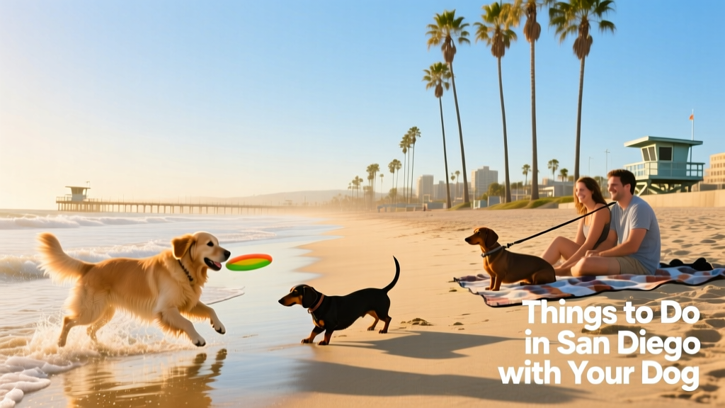 Scenic view of Mission Beach with palm trees, sandy shore, and dogs playing near the water