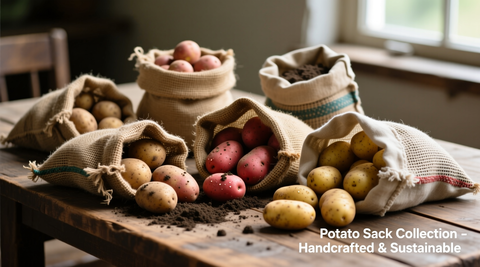 Various potato sack materials displayed with potatoes