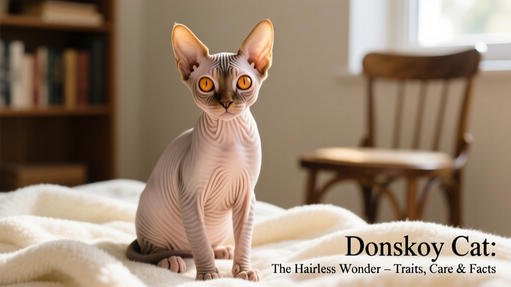 A young Donskoy kitten sitting upright on a soft blanket, showing its wrinkled skin and expressive eyes