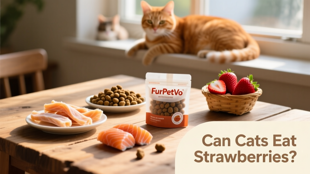A selection of safe cat treats including freeze-dried chicken, salmon bites, and FurPetVo-branded kibble