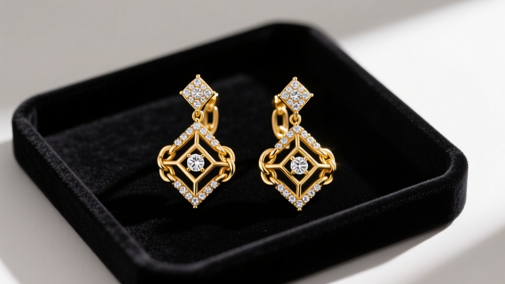 Elegant flat lay of 18k gold two piece earrings with diamond fronts and geometric chain jackets on a dark velvet jewelry tray.