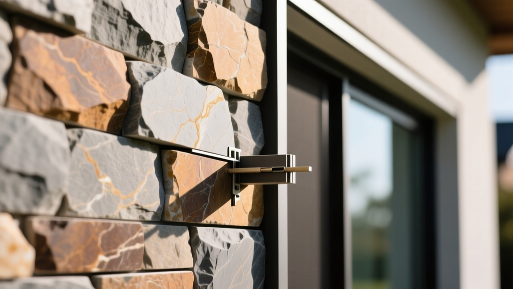 Close-up of interlocking M-Rock manufactured stone veneer panels being snapped together on a framed exterior wall without mortar