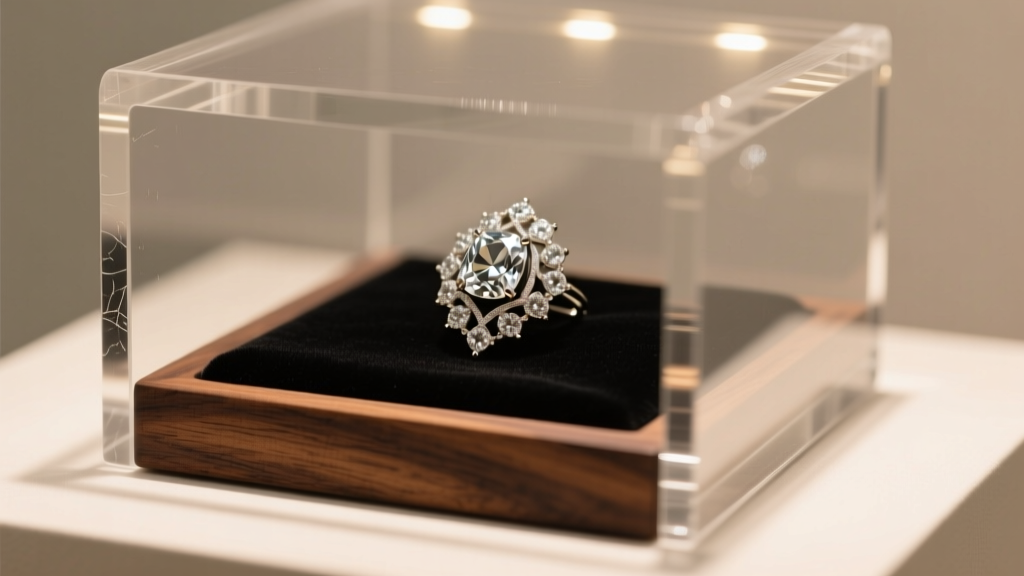 Minimalist cast acrylic and black walnut wood vitrine displaying a vintage diamond brooch, softly lit by a hidden high-CRI LED.