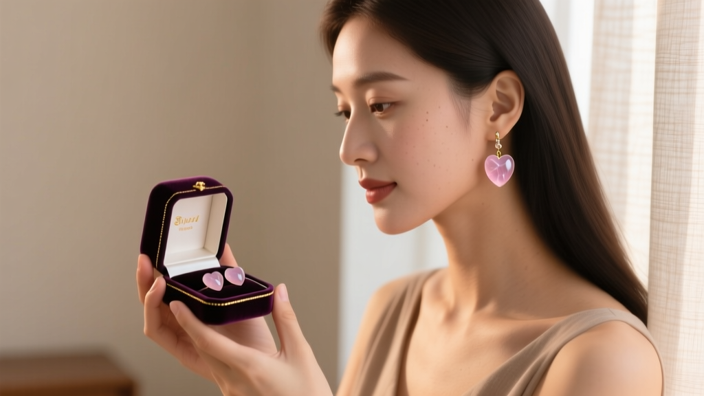 A woman receiving a small velvet jewelry box containing heart chakra rose quartz drop earrings as a gift, warm intimate lighting.