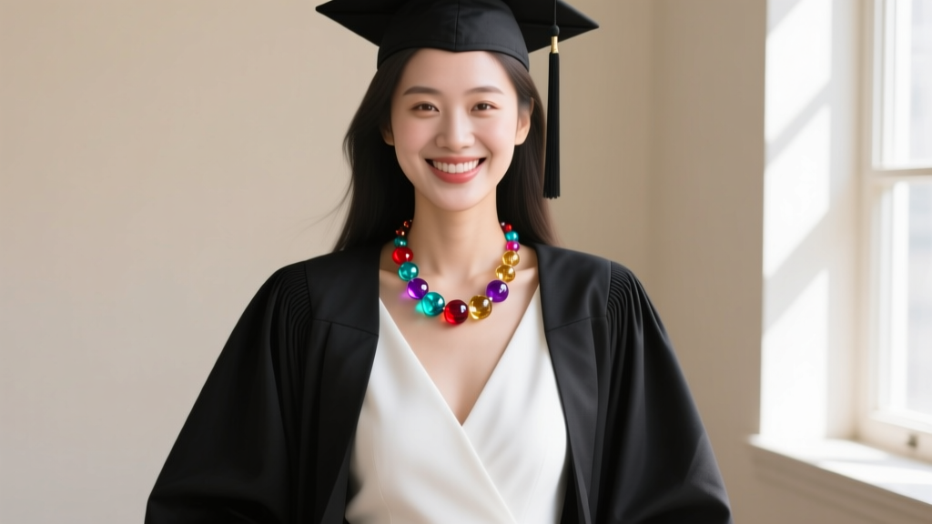 Smiling female graduate wearing a V-neck white dress under an open black gown, styled with a colorful glass bead candy necklace.
