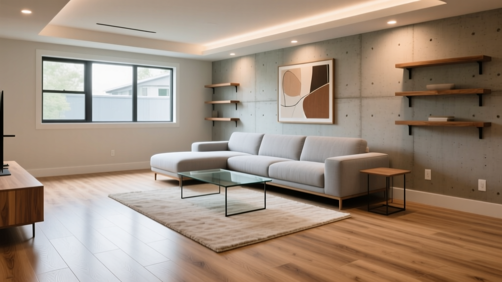Basement living room with light oak luxury vinyl plank flooring installed over a dimpled polyethylene moisture barrier subfloor