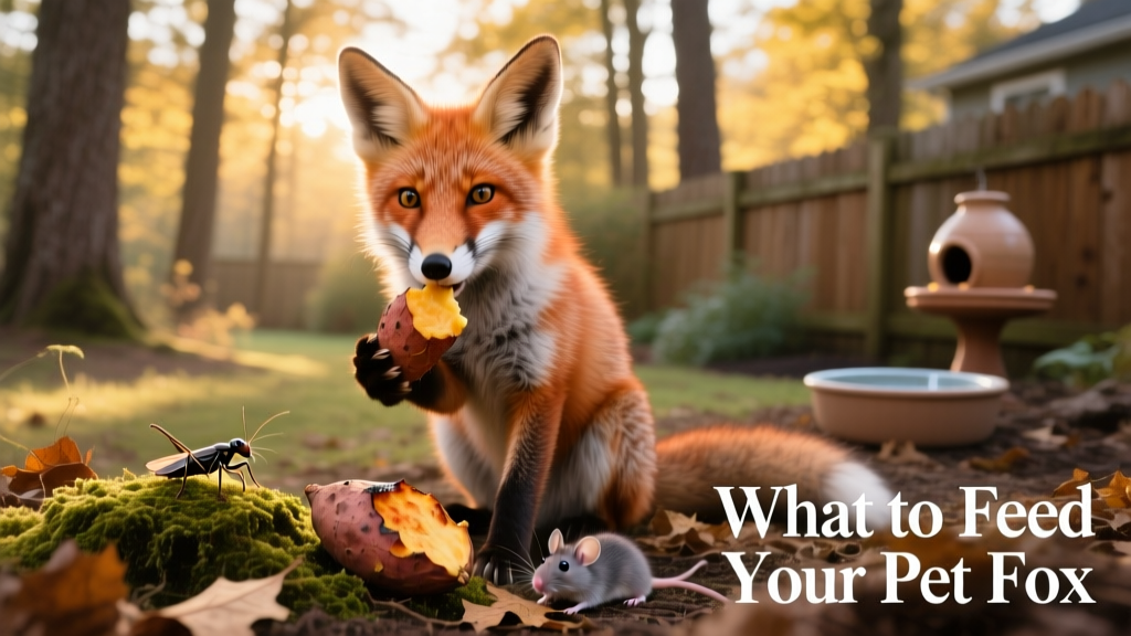 Fox eating a variety of safe foods: a piece of sweet potato, a cricket, and a small mouse