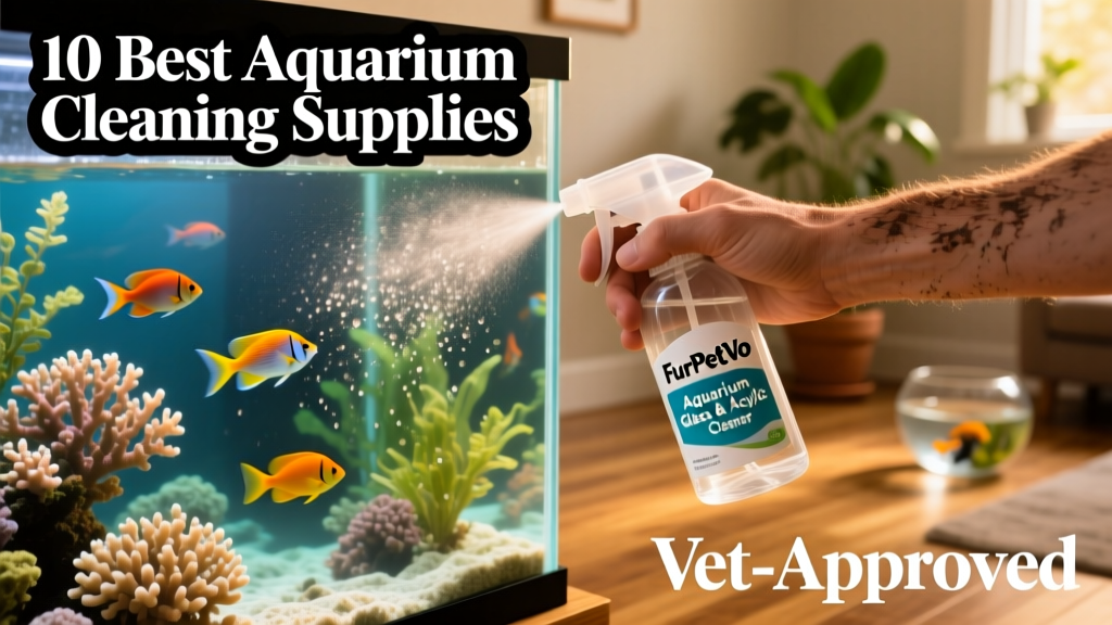 Hand holding a spray bottle labeled FurPetVo Aquarium Glass & Acrylic Cleaner while cleaning the outside of a clear aquarium