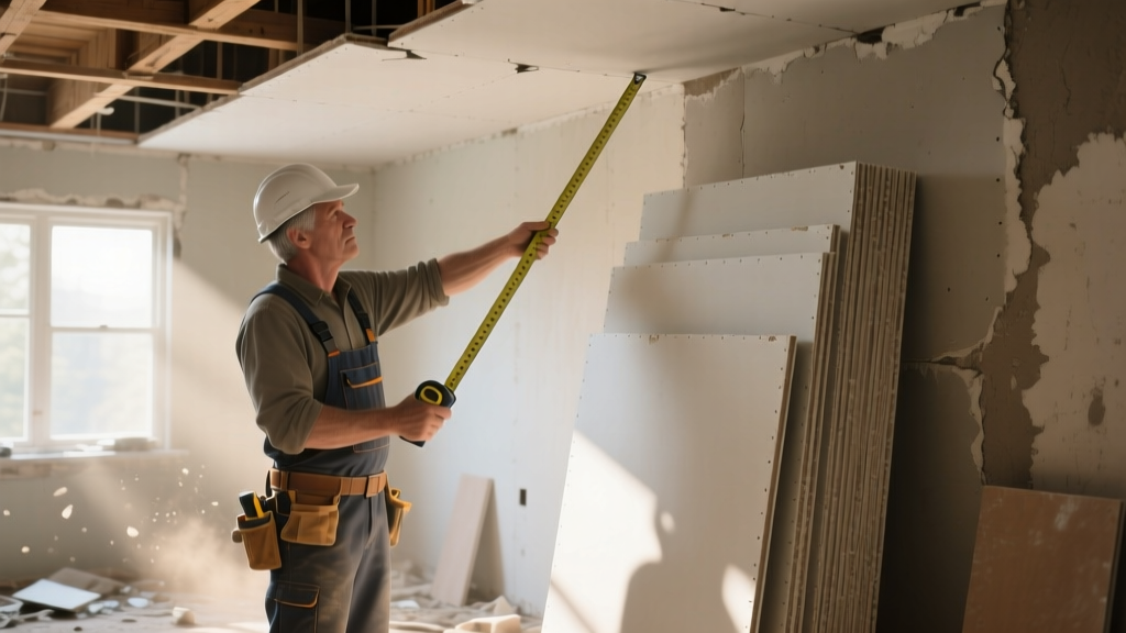 Contractor inspecting sagging drywall ceiling repair with tape measure next to stacked gypsum board sheets in dusty renovation site