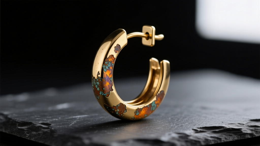 Macro photo of a tarnished gold-plated brass hoop earring on dark slate, showing visible wear and oxidation near the small clasp
